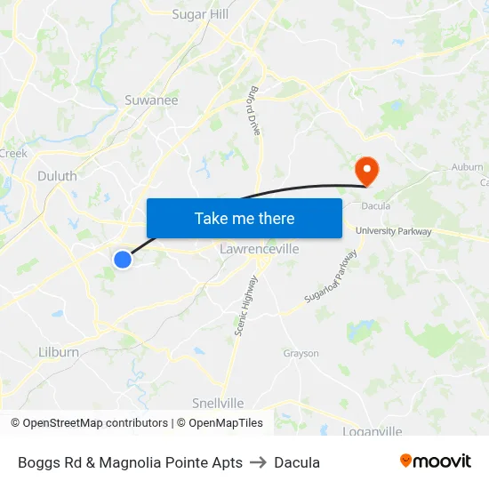 Boggs Rd & Magnolia Pointe Apts to Dacula map