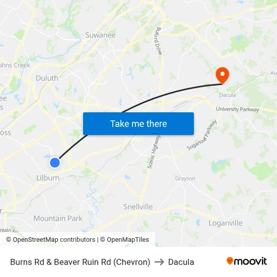 Burns Rd & Beaver Ruin Rd (Chevron) to Dacula map