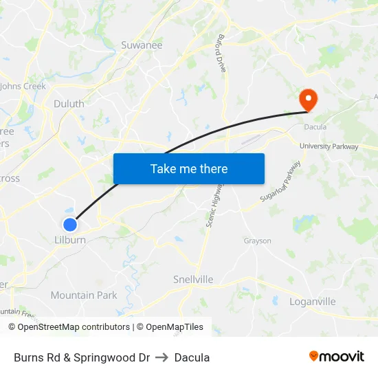 Burns Rd & Springwood Dr to Dacula map