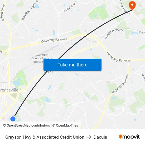 Grayson Hwy & Associated Credit Union to Dacula map