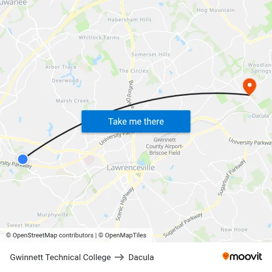 Gwinnett Technical College to Dacula map