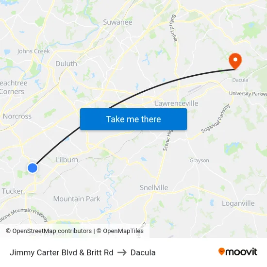 Jimmy Carter Blvd & Britt Rd to Dacula map