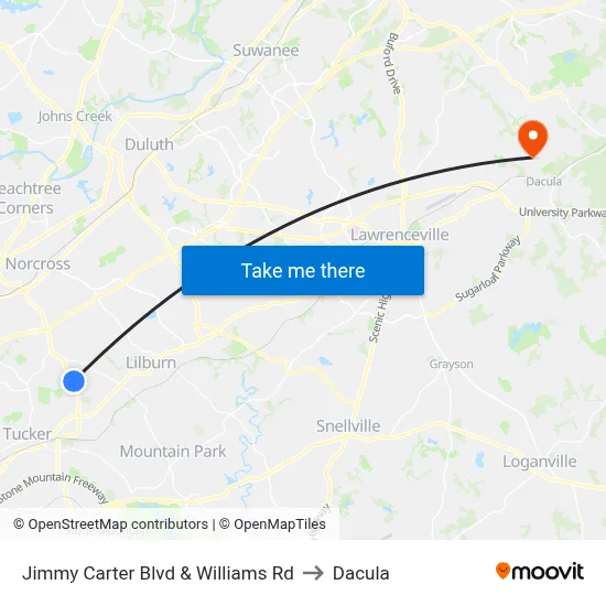 Jimmy Carter Blvd & Williams Rd to Dacula map