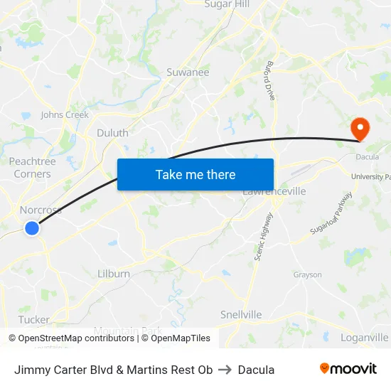 Jimmy Carter Blvd & Martins Rest Ob to Dacula map