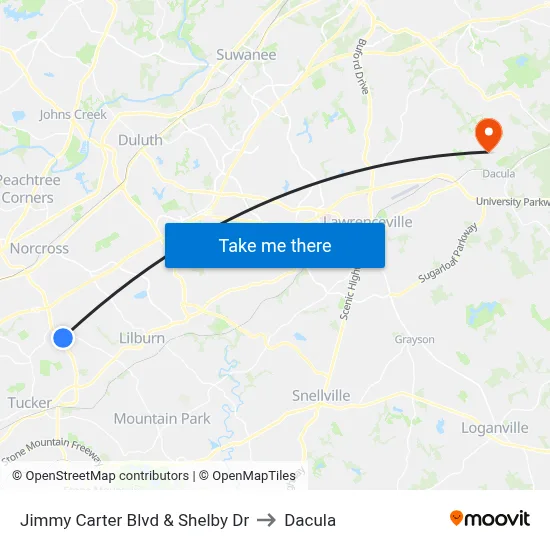 Jimmy Carter Blvd & Shelby Dr to Dacula map