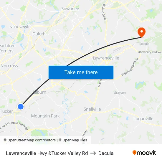 Lawrenceville Hwy &Tucker Valley Rd to Dacula map