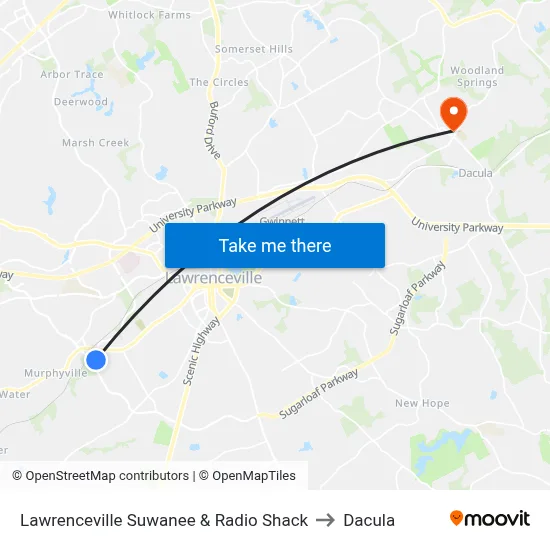 Lawrenceville Suwanee & Radio Shack to Dacula map