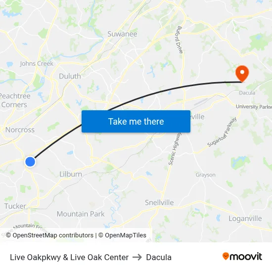 Live Oakpkwy & Live Oak Center to Dacula map