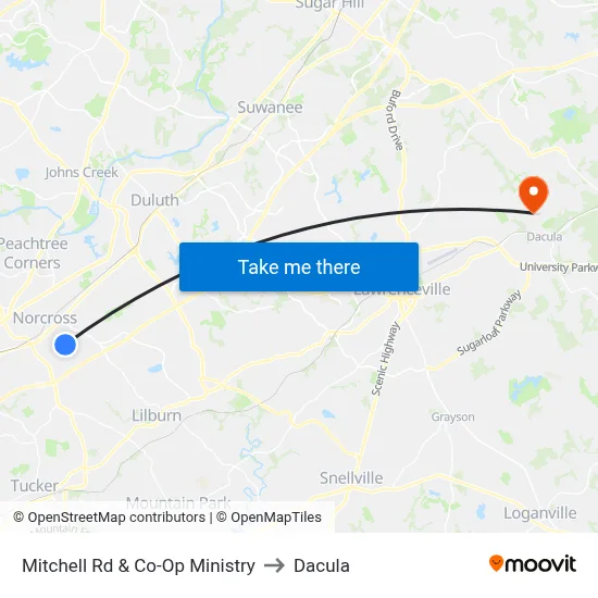 Mitchell Rd & Co-Op Ministry to Dacula map