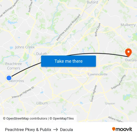 Peachtree Pkwy & Publix to Dacula map