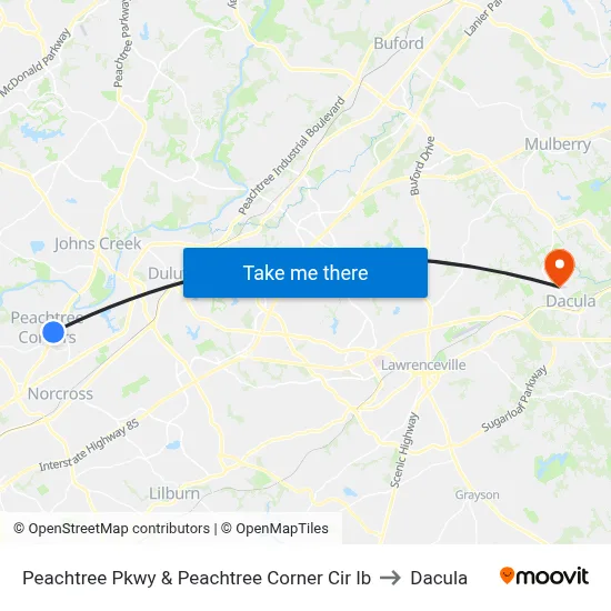 Peachtree Pkwy & Peachtree Corner Cir Ib to Dacula map