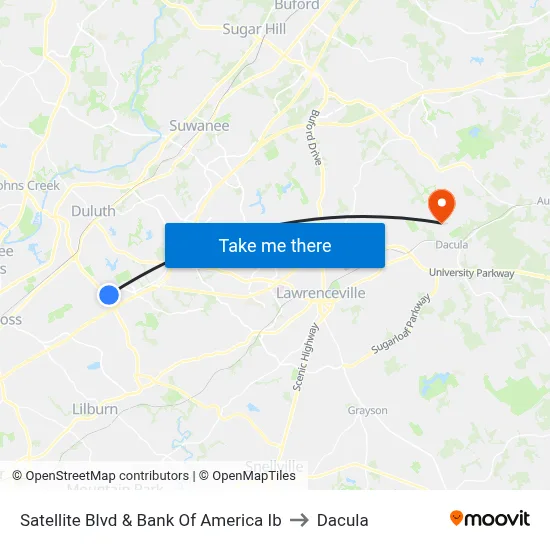 Satellite Blvd & Bank Of America Ib to Dacula map