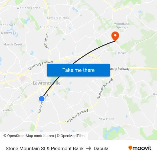 Stone Mountain St & Piedmont Bank to Dacula map