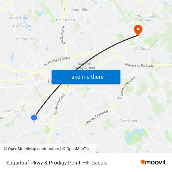 Sugarloaf Pkwy & Prodigy Point to Dacula map