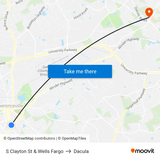 S Clayton St & Wells Fargo to Dacula map
