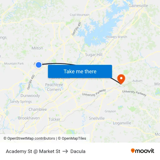 Academy St @ Market St to Dacula map