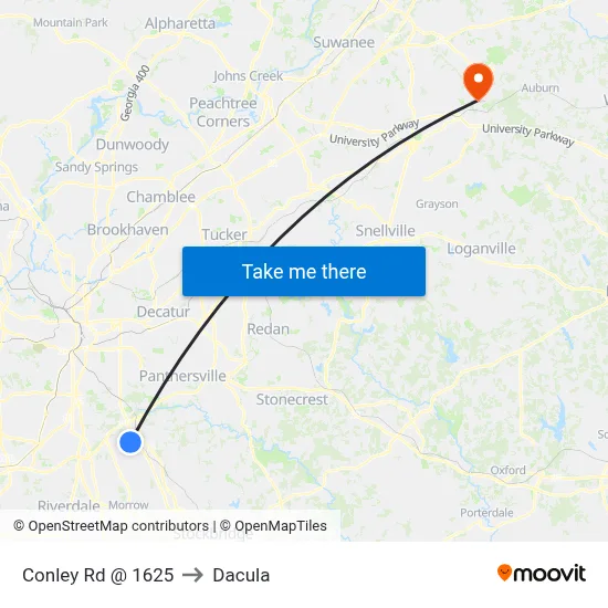 Conley Rd @ 1625 to Dacula map