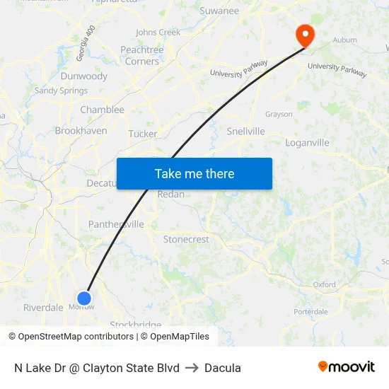 N Lake Dr @ Clayton State Blvd to Dacula map