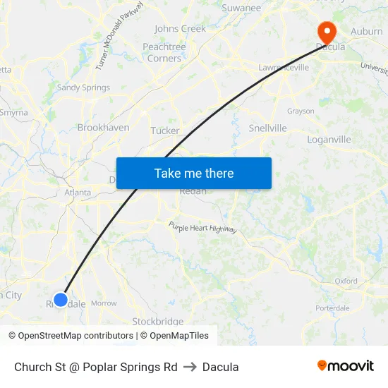 Church St @ Poplar Springs Rd to Dacula map