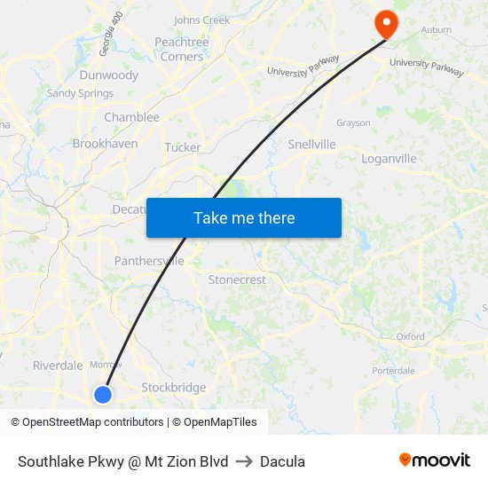 Southlake Pkwy @ Mt Zion Blvd to Dacula map