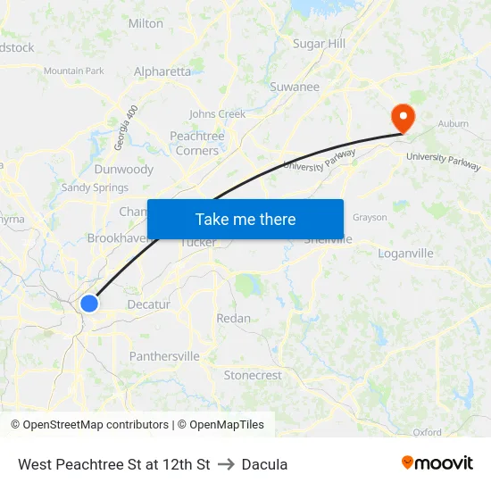 West Peachtree St at 12th St to Dacula map