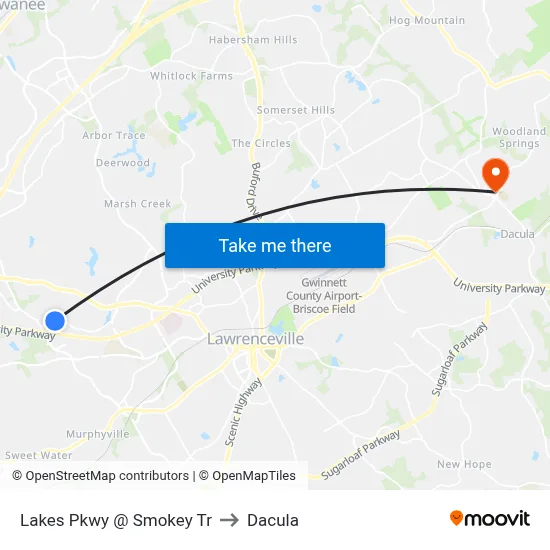 Lakes Pkwy @ Smokey Tr to Dacula map