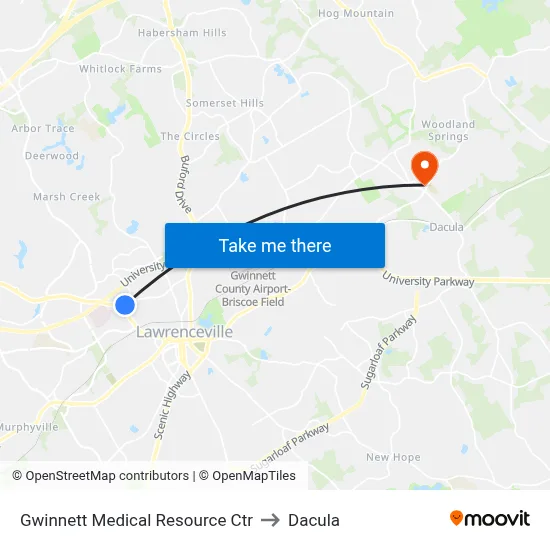Gwinnett Medical Resource Ctr to Dacula map