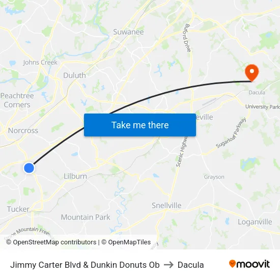 Jimmy Carter Blvd & Dunkin Donuts Ob to Dacula map