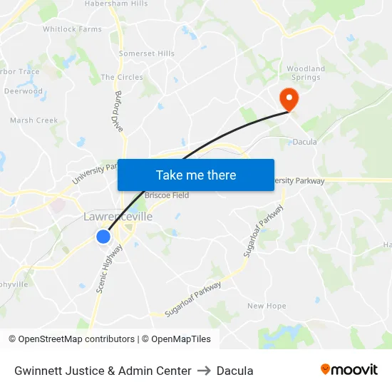 Gwinnett Justice & Admin Center to Dacula map