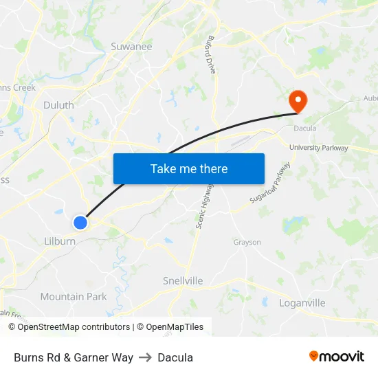Burns Rd &  Garner Way to Dacula map