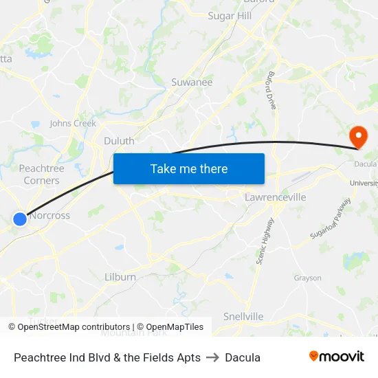 Peachtree Ind Blvd & the Fields Apts to Dacula map