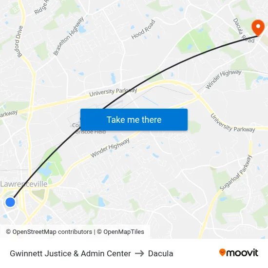 Gwinnett Justice & Admin Center to Dacula map