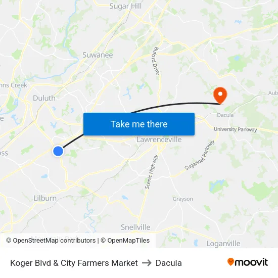 Koger Blvd & City Farmers Market to Dacula map
