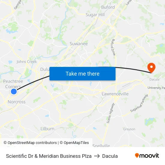 Scientific Dr & Meridian Business Plza to Dacula map