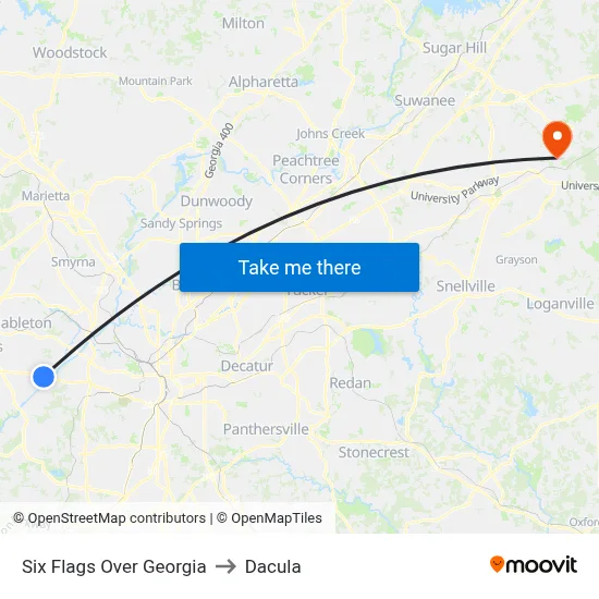 Six Flags Over Georgia to Dacula map