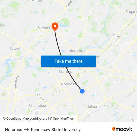 Norcross to Kennesaw State University map