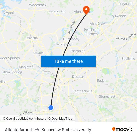 Atlanta Airport to Kennesaw State University map