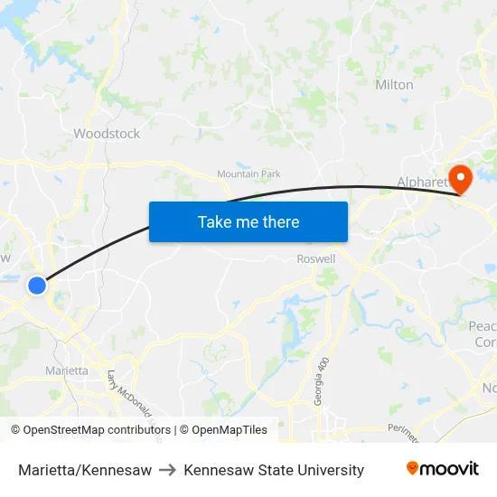 Marietta/Kennesaw to Kennesaw State University map