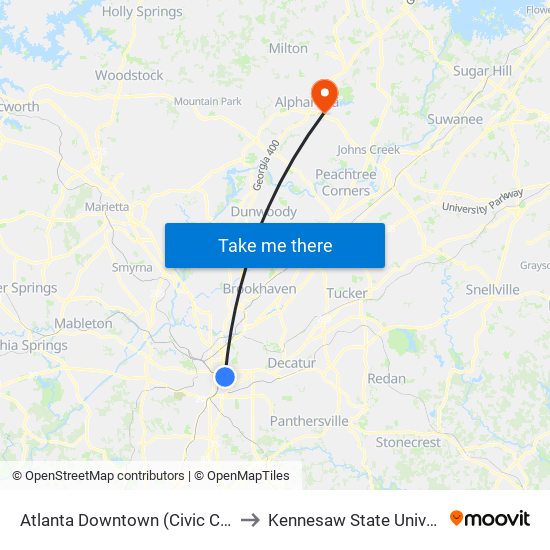 Atlanta Downtown (Civic Center) to Kennesaw State University map