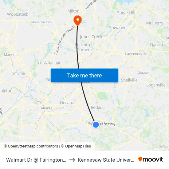 Walmart Dr @ Fairington Rd to Kennesaw State University map