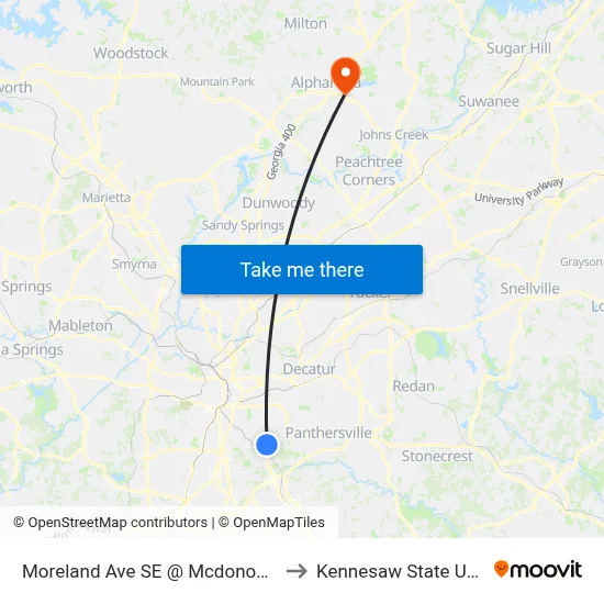 Moreland Ave SE @ Mcdonough Blvd SE to Kennesaw State University map