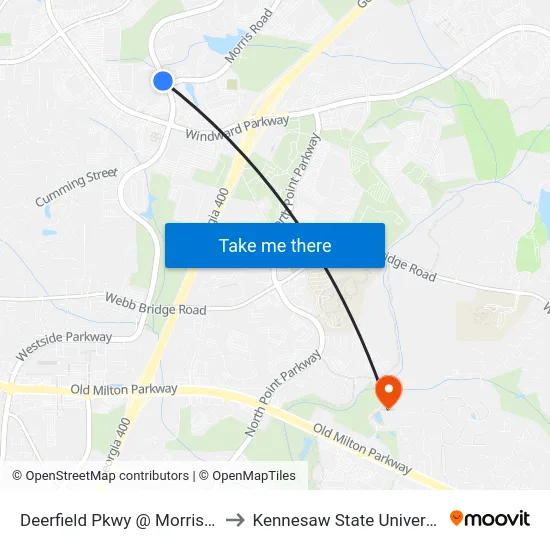 Deerfield Pkwy @ Morris Rd to Kennesaw State University map