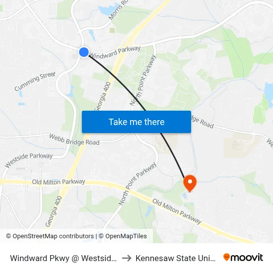 Windward Pkwy @ Westside Pkwy to Kennesaw State University map