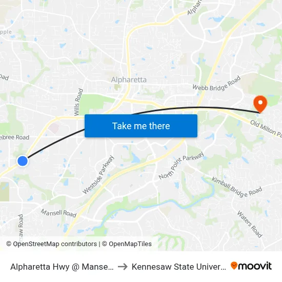 Alpharetta Hwy @ Mansell Pl to Kennesaw State University map