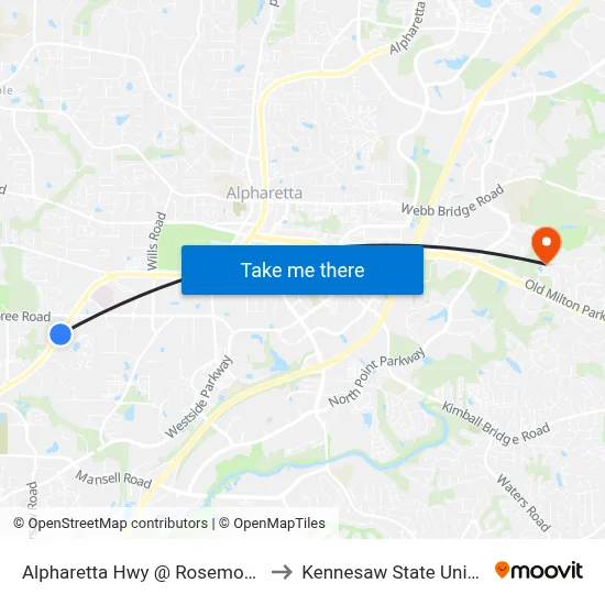 Alpharetta Hwy @ Rosemont Pkwy to Kennesaw State University map