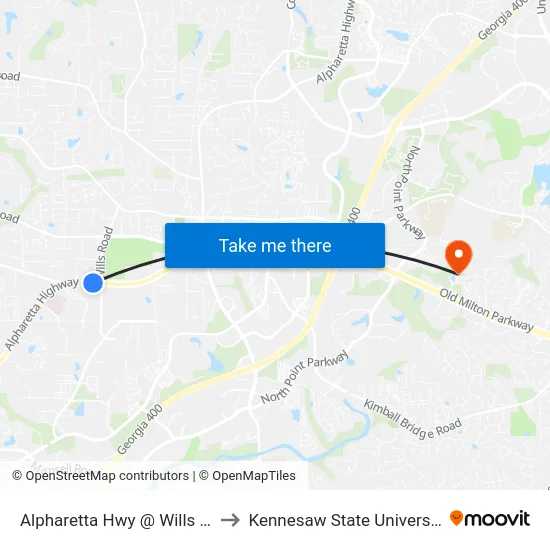 Alpharetta Hwy @ Wills Rd to Kennesaw State University map