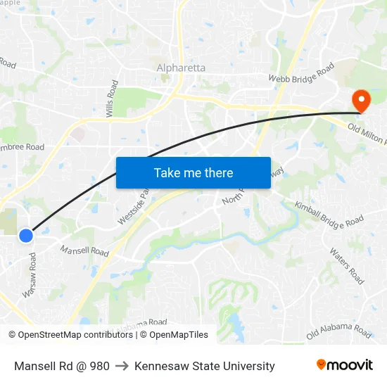 Mansell Rd @ 980 to Kennesaw State University map