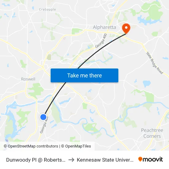 Dunwoody Pl @ Roberts Dr to Kennesaw State University map