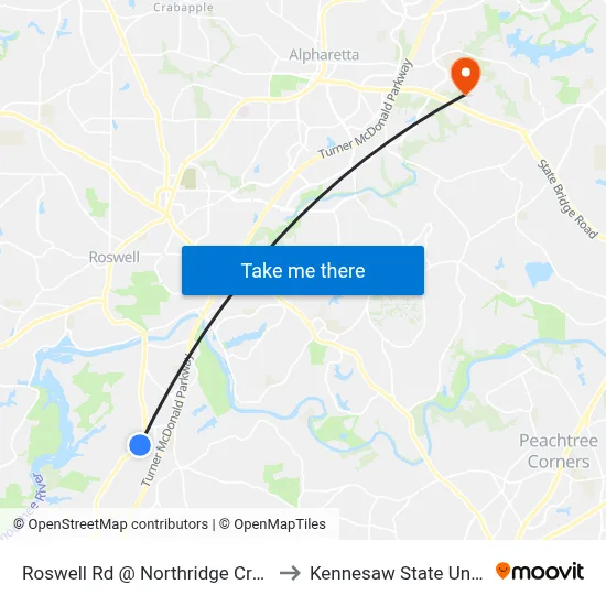 Roswell Rd @ Northridge Crossing Dr to Kennesaw State University map