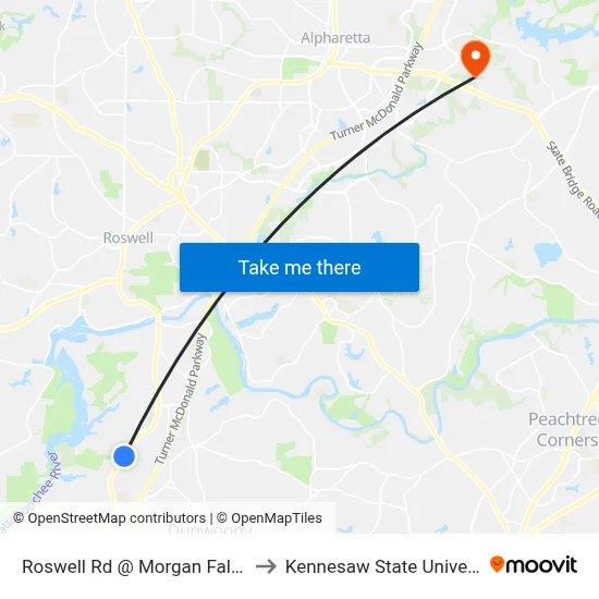 Roswell Rd @ Morgan Falls Rd to Kennesaw State University map